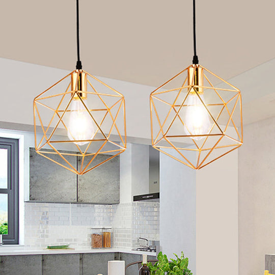 Gold Metal Diamond Cage Semi Flush Ceiling Light for Corridor - Industrial One Light Mount