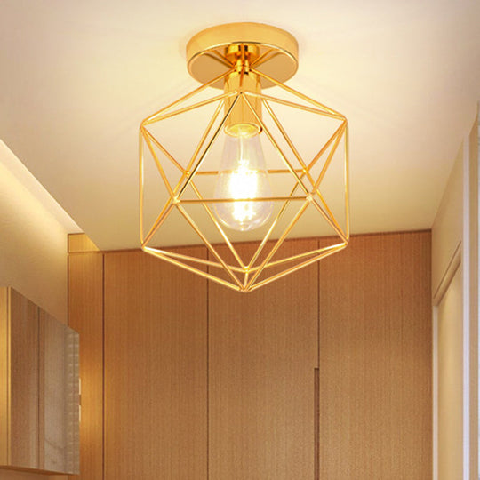 Gold Metal Diamond Cage Semi Flush Ceiling Light for Corridor - Industrial One Light Mount