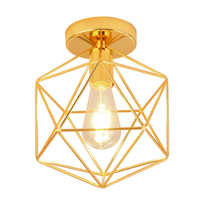 Gold Metal Diamond Cage Semi Flush Ceiling Light for Corridor - Industrial One Light Mount