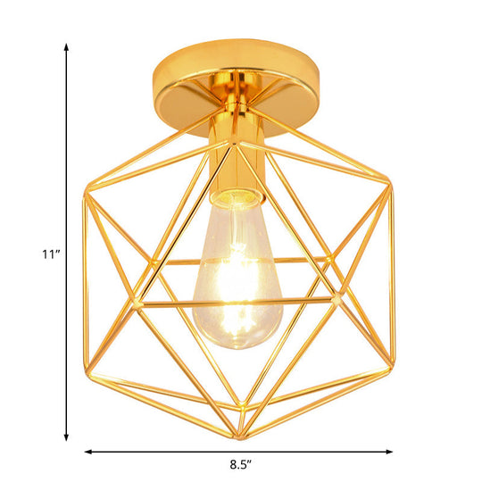 Gold Metal Diamond Cage Semi Flush Ceiling Light for Corridor - Industrial One Light Mount