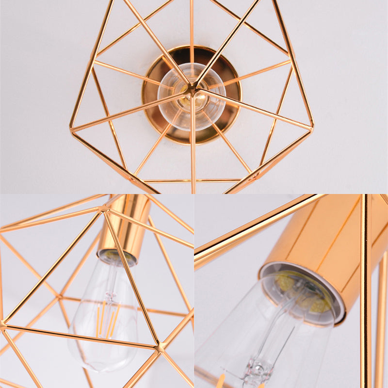 Gold Metal Diamond Cage Semi Flush Ceiling Light for Corridor - Industrial One Light Mount