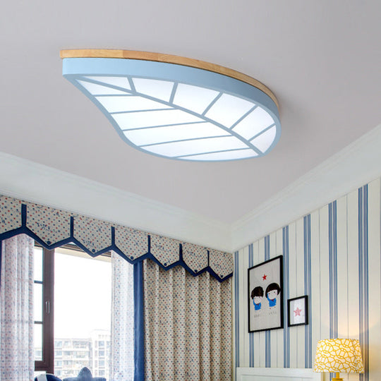 Modern Flush Mount Leaf Ceiling Lamp For Childs Bedroom With Undertint Finish Blue / White