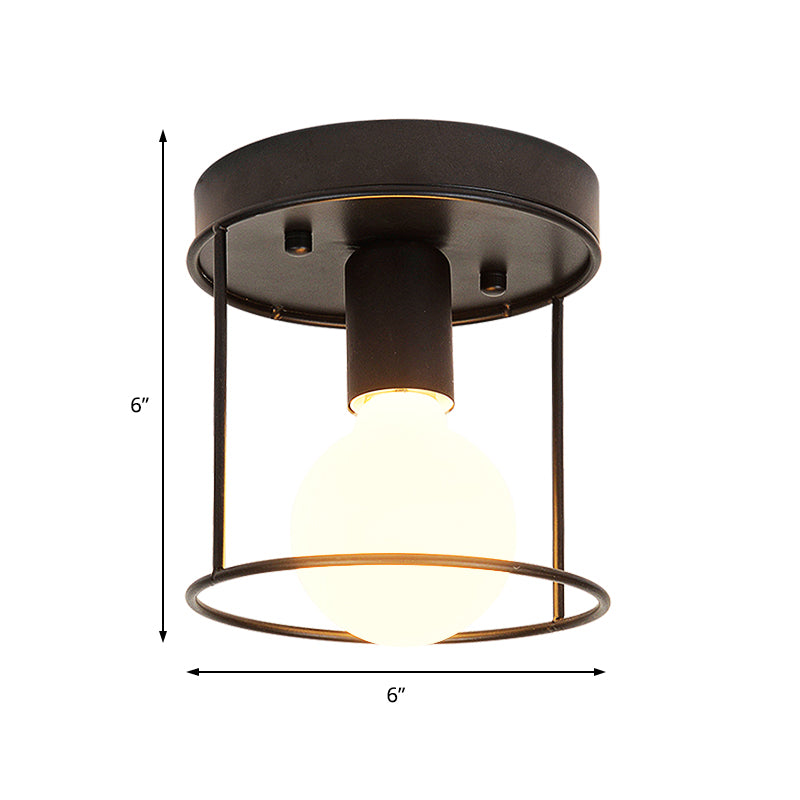 Industrial Metal Flushmount Light with Cage - Cylinder Corridor Design