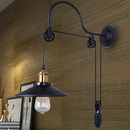 Black Metal Sconce Lighting - Industrial Single Bulb Wall Mounted Lamp With Pulley For Dining Room