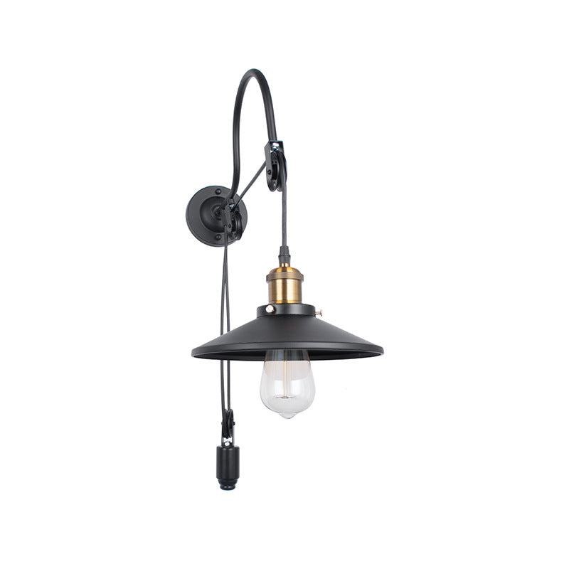 Black Metal Sconce Lighting - Industrial Single Bulb Wall Mounted Lamp With Pulley For Dining Room