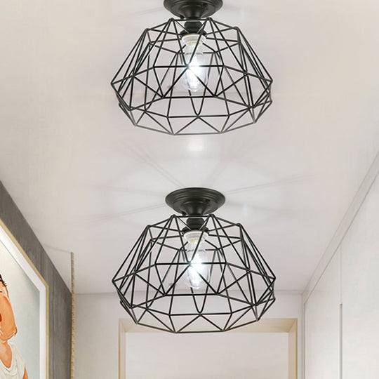 Geometric Semi Flush Industrial Black Metal Lighting Fixture with Cage