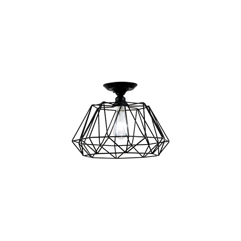 Geometric Semi Flush Industrial Black Metal Lighting Fixture with Cage