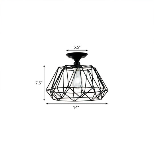 Geometric Semi Flush Industrial Black Metal Lighting Fixture with Cage