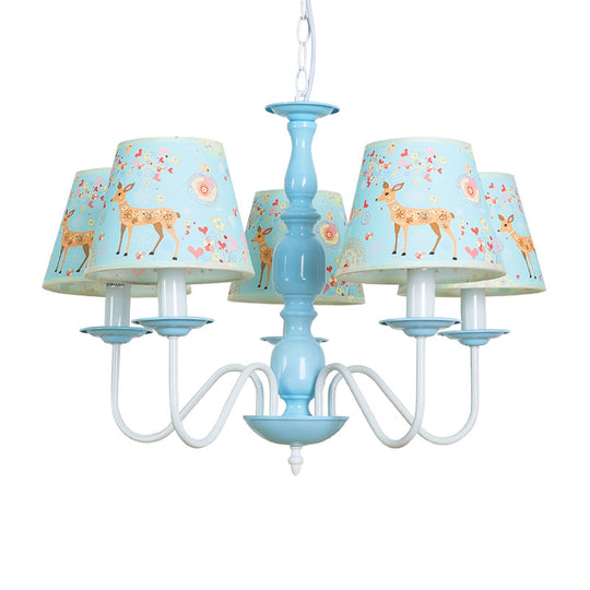 Blue Fabric Metal Chandelier: Contemporary Tapered Shade Hanging Light For Living Room