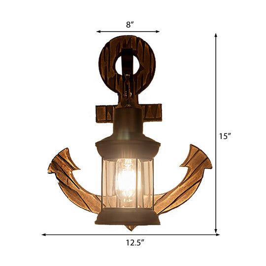 Coastal Black Kerosene Indoor Sconce With Clear Glass And Wooden Backplate - One Bulb Wall Lighting