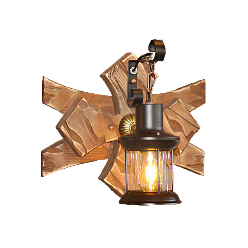 Clear Glass/Marble Lantern Sconce Light: Industrial Wall Lighting For Living Room Bronze Finish