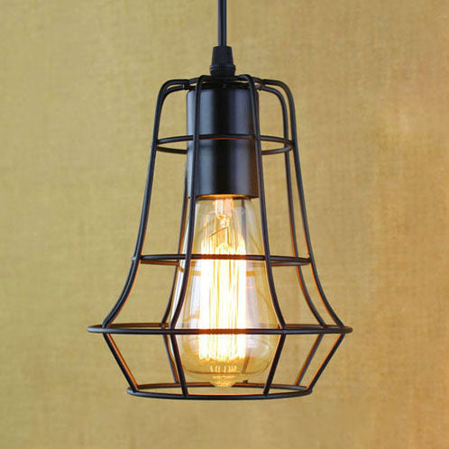 Antique Style Open Cage Pendant Lamp - Black Metal Hanging Light Fixture For Hallway / B