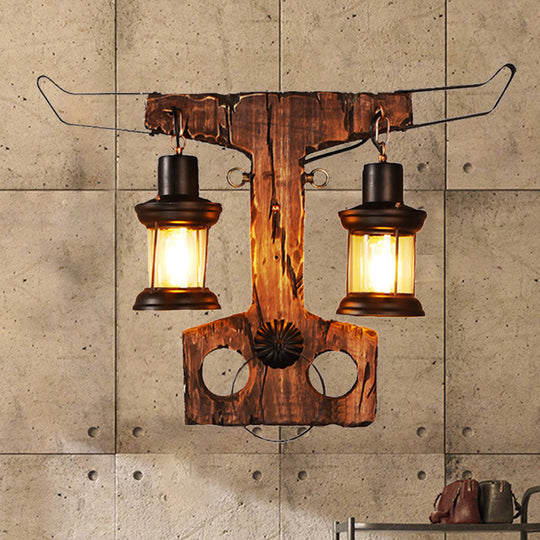 Black Rustic Lantern Sconce Light Fixture With Clear Glass - 2-Light Wall Lamp Wooden Backplate