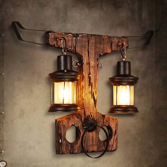 Black Rustic Lantern Sconce Light Fixture With Clear Glass - 2-Light Wall Lamp Wooden Backplate