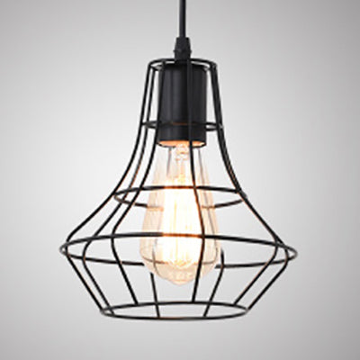 Antique Style Open Cage Pendant Lamp - Black Metal Hanging Light Fixture For Hallway / C