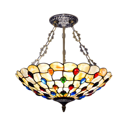 Tiffany Ceiling Light With Jeweled Semi Flush Design - 16/18 Diameter 3 Lights Beige Art Glass Shade