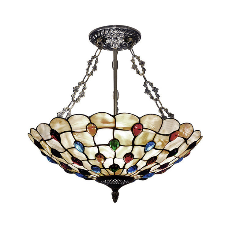 Tiffany Ceiling Light with Jeweled Semi Flush Design - 16"/18" Diameter, 3 Lights, Beige with Art Glass Shade and Chain