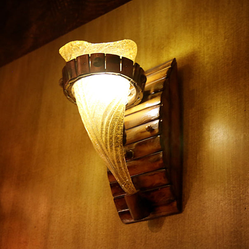 Yellow Textured Glass Wall Sconce Lighting Fixture: Rustic Indoor One-Bulb Floral Design In Bronze