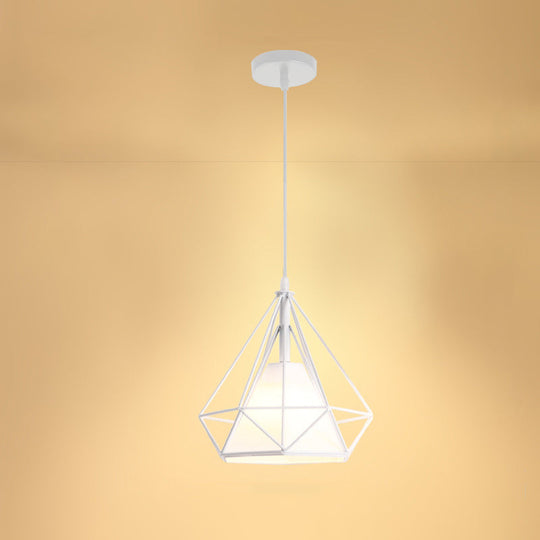 Industrial Cone Ceiling Pendant Light with Fabric Shade and Diamond Iron Cage