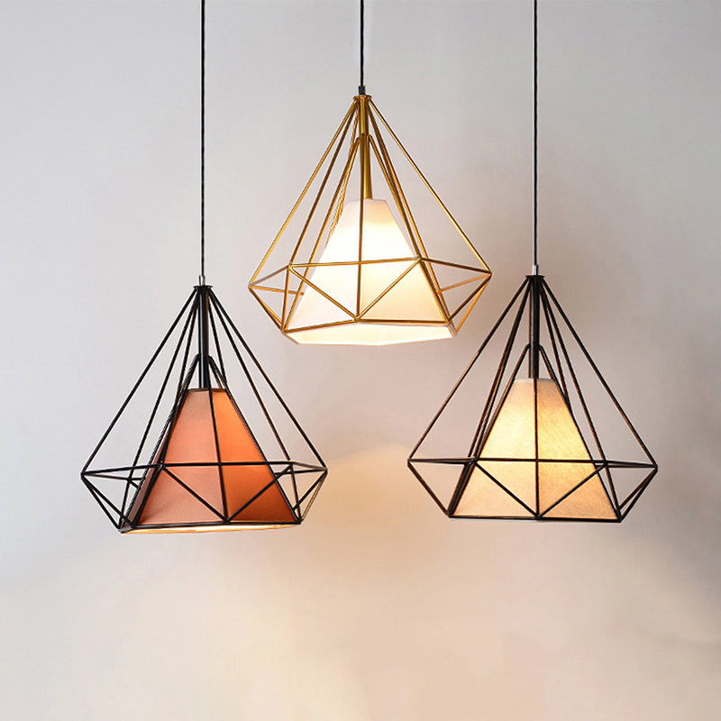 Industrial Cone Ceiling Pendant Light with Fabric Shade and Diamond Iron Cage