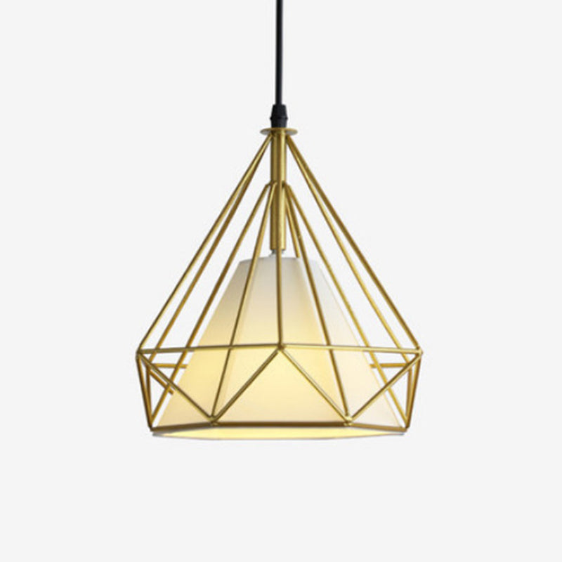 Industrial Cone Ceiling Pendant Light With Fabric Hanging Shade And Diamond Iron Cage Gold