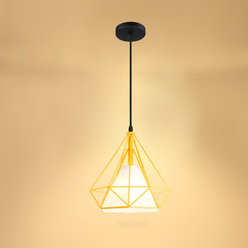 Industrial Cone Ceiling Pendant Light with Fabric Shade and Diamond Iron Cage