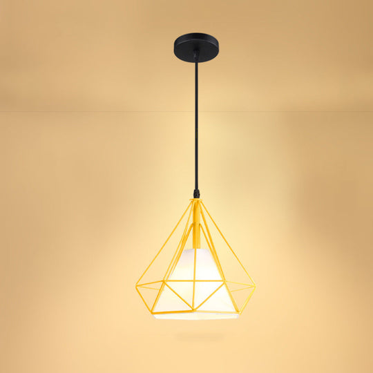 Industrial Cone Ceiling Pendant Light With Fabric Hanging Shade And Diamond Iron Cage Yellow