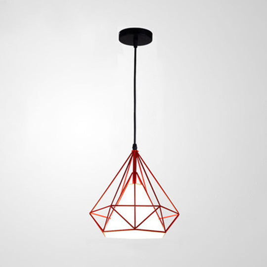 Industrial Cone Ceiling Pendant Light With Fabric Hanging Shade And Diamond Iron Cage Red