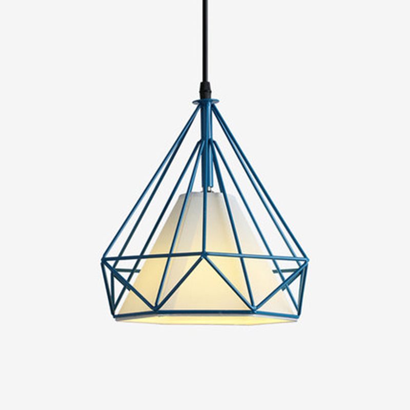 Industrial Cone Ceiling Pendant Light with Fabric Shade and Diamond Iron Cage