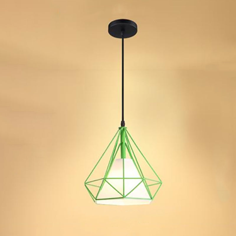 Industrial Cone Ceiling Pendant Light with Fabric Shade and Diamond Iron Cage