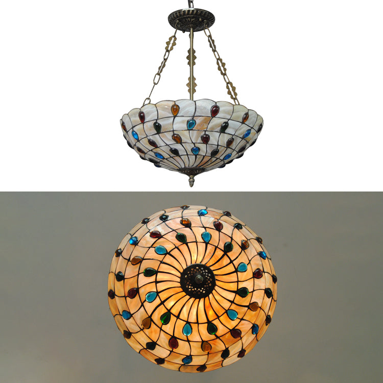 Tiffany Ceiling Light with Jeweled Semi Flush Design - 16"/18" Diameter, 3 Lights, Beige with Art Glass Shade and Chain