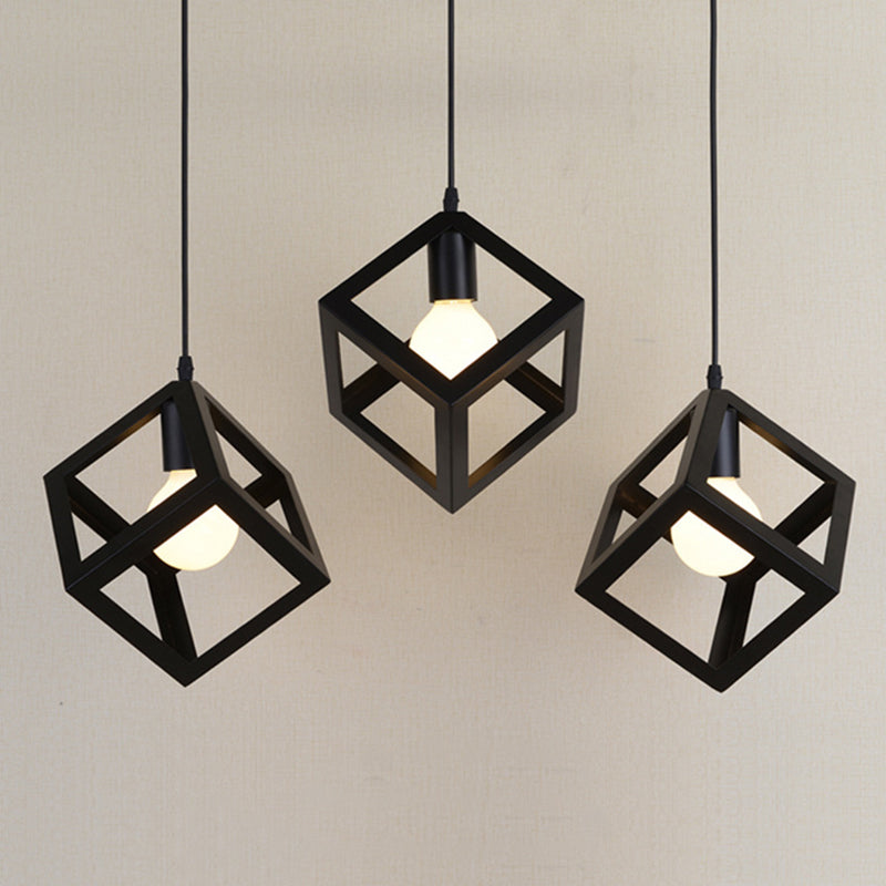 Vintage Metal Geometric Cage Dining Room Ceiling Lamp - 3-Head Black Suspension Light / Square