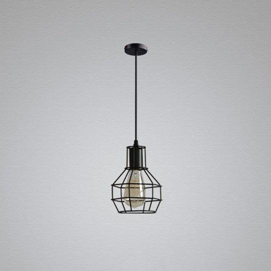 Sleek Black Iron Cage Hanging Light - Minimalistic Dining Room Pendant Fixture (1-Bulb)