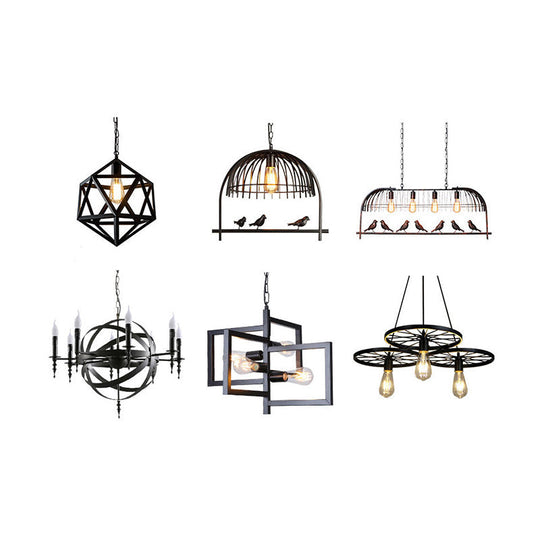 Black Iron Caged Pendant Chandelier - Industrial Multi-Light Fixture for Restaurants (10 Bulbs)