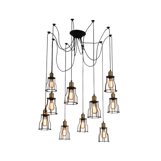 Black Iron Caged Pendant Chandelier - Industrial Multi-Light Fixture for Restaurants (10 Bulbs)