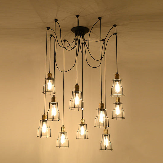 Industrial Black Caged Iron Ceiling Pendant Chandelier With 10 Bulbs - Perfect For Restaurants