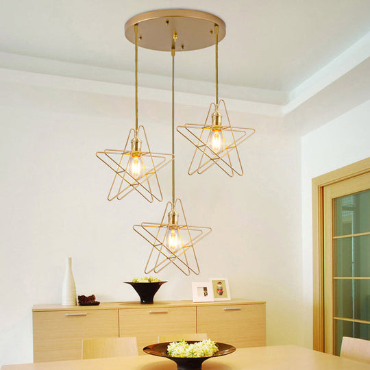 Gold Star Cage Ceiling Light - Simplicity Design - Metal Frame - 3 Bulbs - Ideal for Dining Room