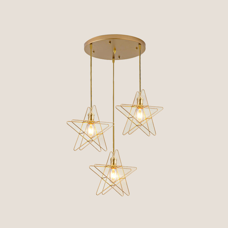 Gold Star Cage Ceiling Light - Simplicity Design - Metal Frame - 3 Bulbs - Ideal for Dining Room