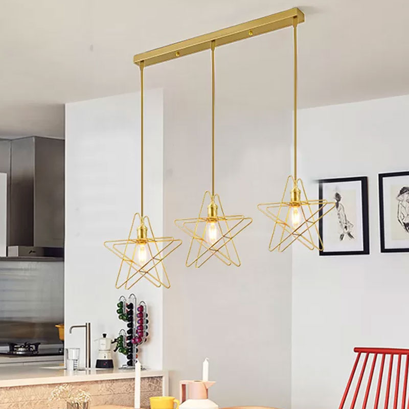 Gold Star Cage Ceiling Light - Simplicity Design - Metal Frame - 3 Bulbs - Ideal for Dining Room