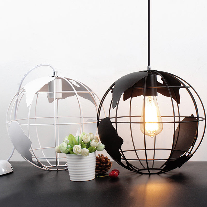 Iron Terrestrial Globe Hanging Pendant Light Fixture - 1 Bulb Simplicity Design, White - Perfect for Restaurants