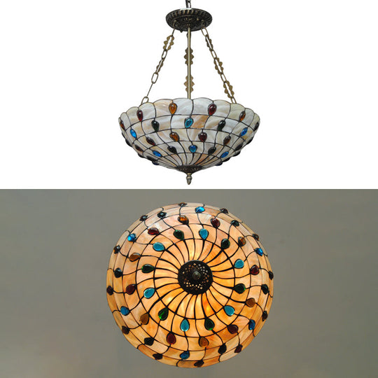 Tiffany Ceiling Light With Jeweled Semi Flush Design - 16/18 Diameter 3 Lights Beige Art Glass Shade