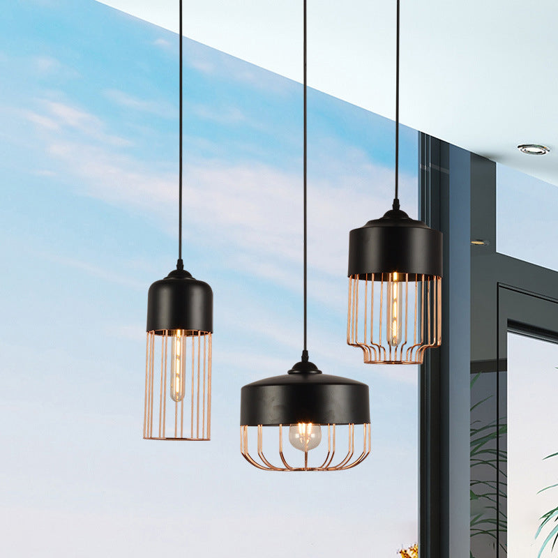 Vintage Geometric Cage Pendant Light - Antique 1-Light Fixture for Dining Room - Black