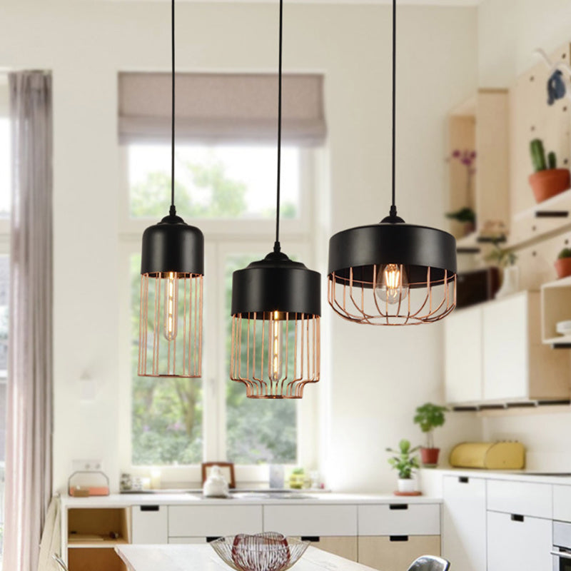 Vintage Geometric Cage Pendant Light - Antique 1-Light Fixture for Dining Room - Black