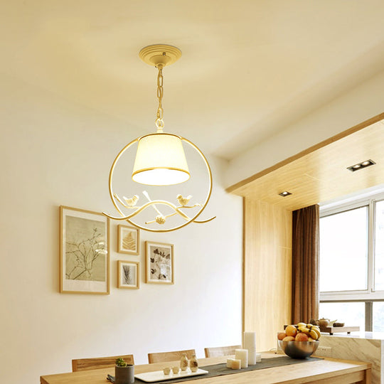 1-Light Rustic Metal Bird Bucket Pendant Lamp In Beige For Restaurants