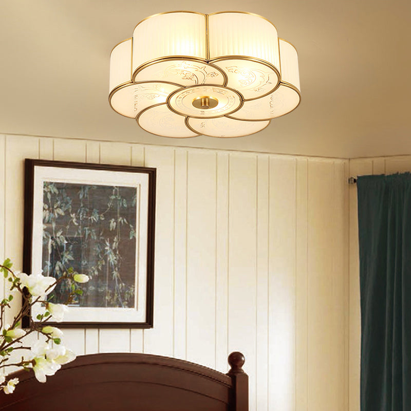 Floral Frost Glass Ceiling Light: Bedroom Flush Fixture in Brass