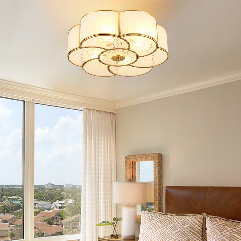 Floral Frost Glass Ceiling Light: Bedroom Flush Fixture in Brass