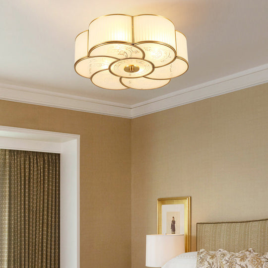 Floral Frost Glass Ceiling Light: Bedroom Flush Fixture in Brass