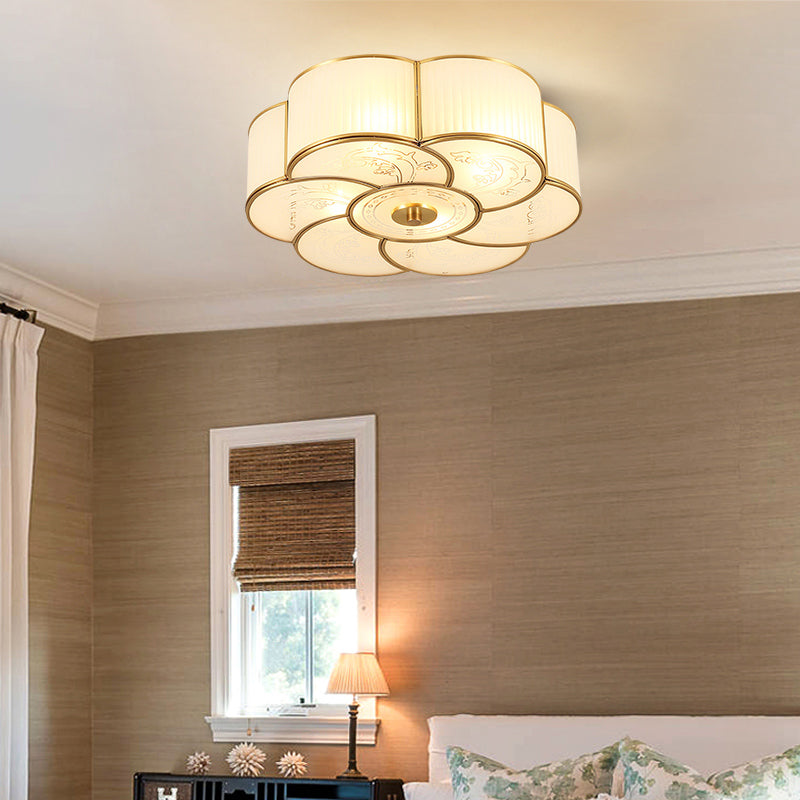 Floral Frost Glass Ceiling Light: Bedroom Flush Fixture in Brass