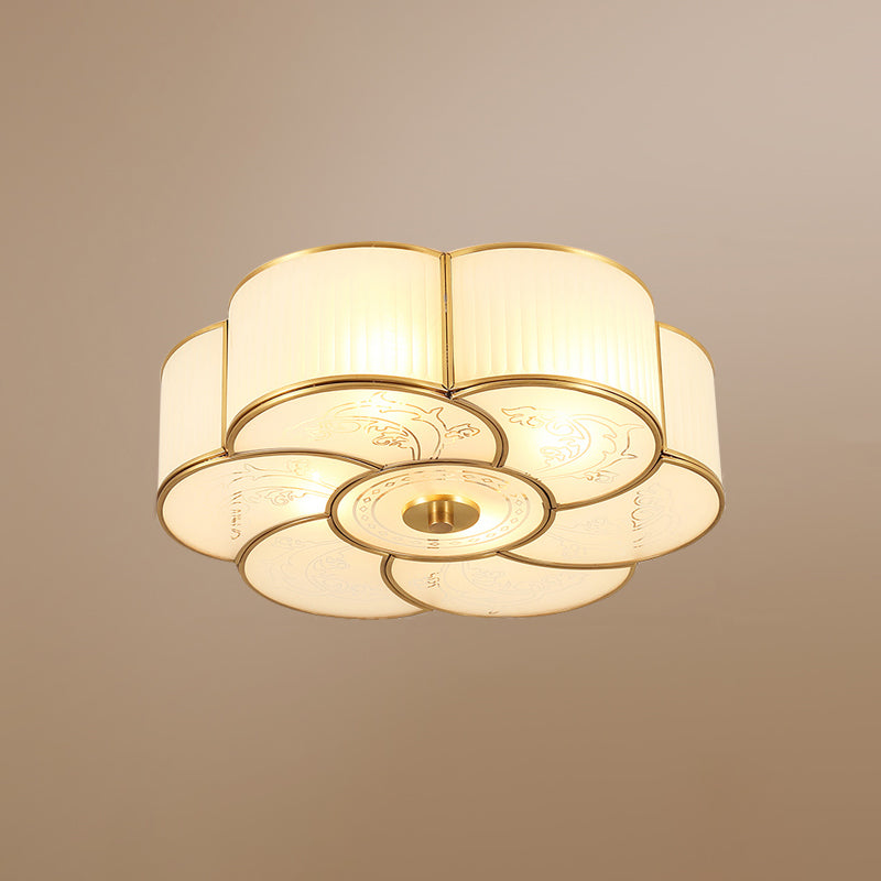 Floral Frost Glass Ceiling Light: Bedroom Flush Fixture in Brass