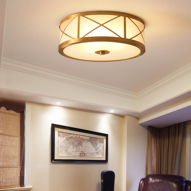 Classic Gold Glass Drum Flush Mount Lighting Fixture - Perfect for Corridors